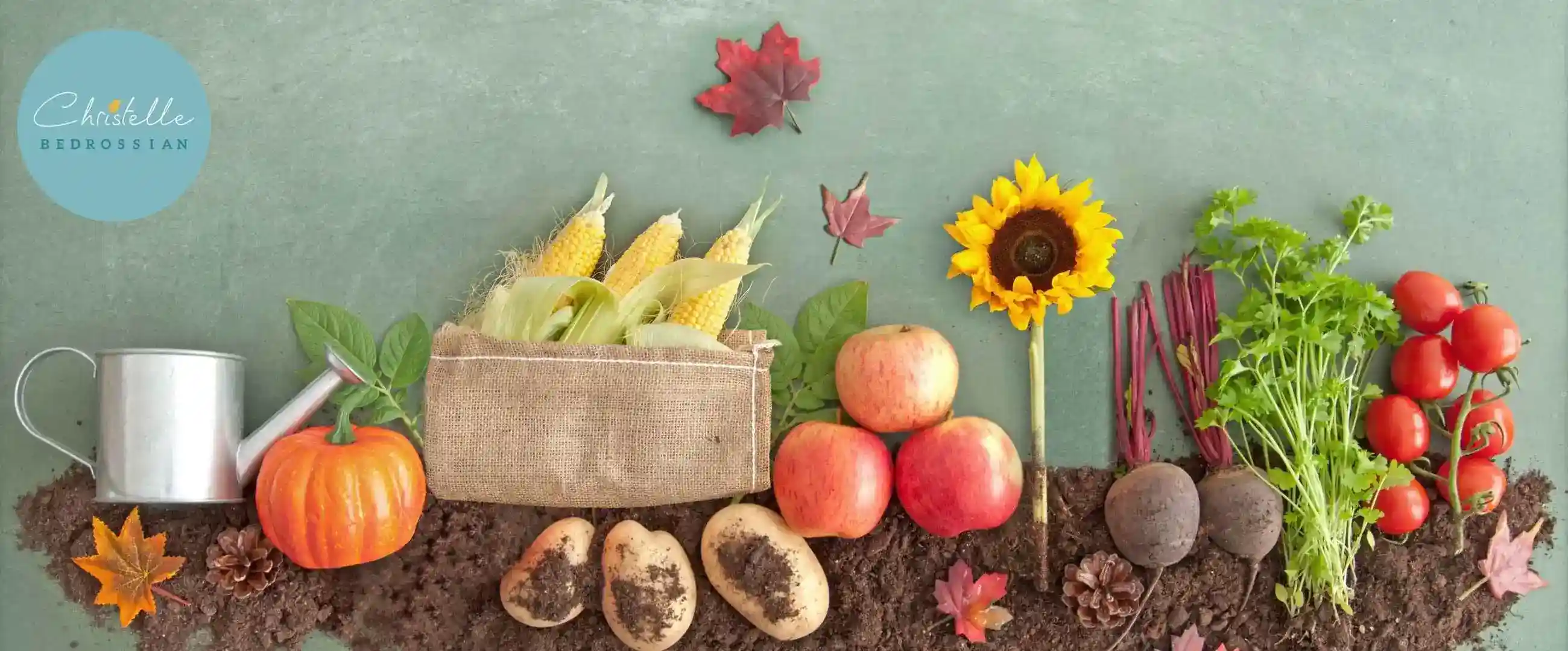 Fruits and vegetables lay on the bag